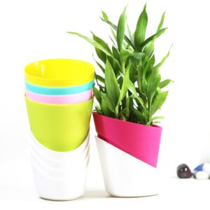 Self Watering Round Plastic Indoor Flower Planter Pot for Living Room, Tabletop, Desk Decor (5 Inch, Set of 5)