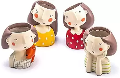 Pots & Plants Polyresin,Ceramic Dreaming,Thinking Girl Planter Pots, Assorted Colour,Pack of 4 Plant Container Set  (Pack of 4, Poly-Resin)